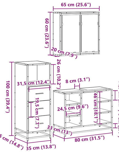 Încărcați imaginea în vizualizatorul Galerie, Set mobilier de baie, 3 piese, stejar fumuriu, lemn prelucrat
