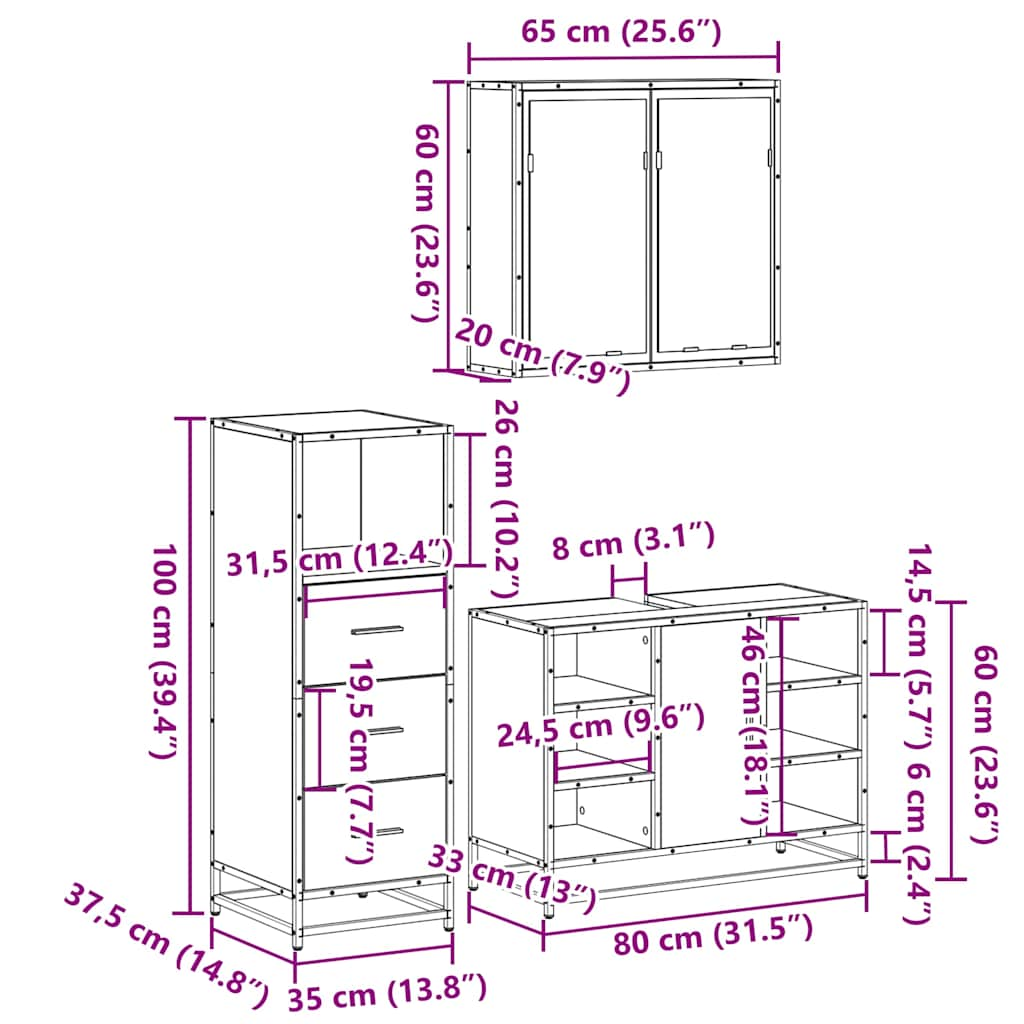 Set mobilier de baie, 3 piese, stejar fumuriu, lemn prelucrat