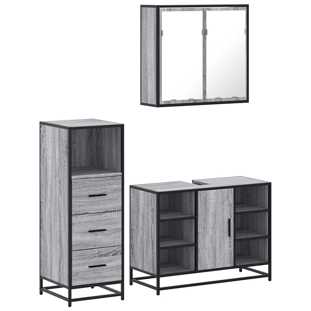 Set mobilier de baie, 3 piese, gri sonoma, lemn prelucrat