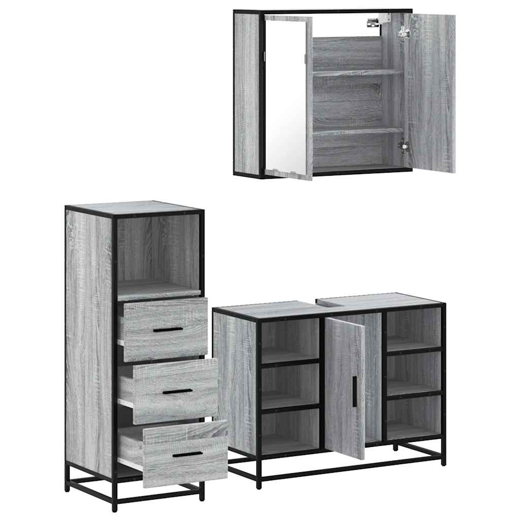 Set mobilier de baie, 3 piese, gri sonoma, lemn prelucrat