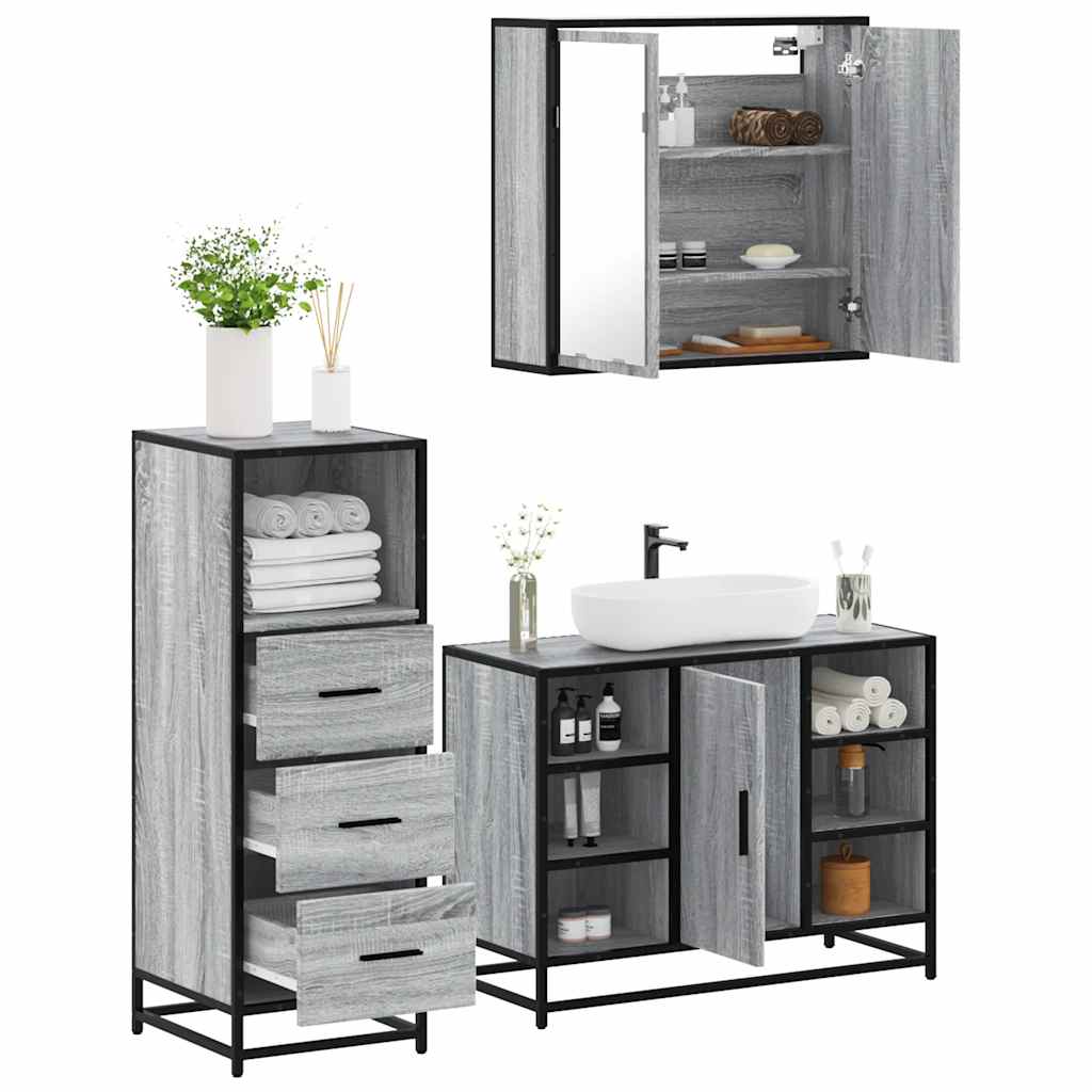 Set mobilier de baie, 3 piese, gri sonoma, lemn prelucrat