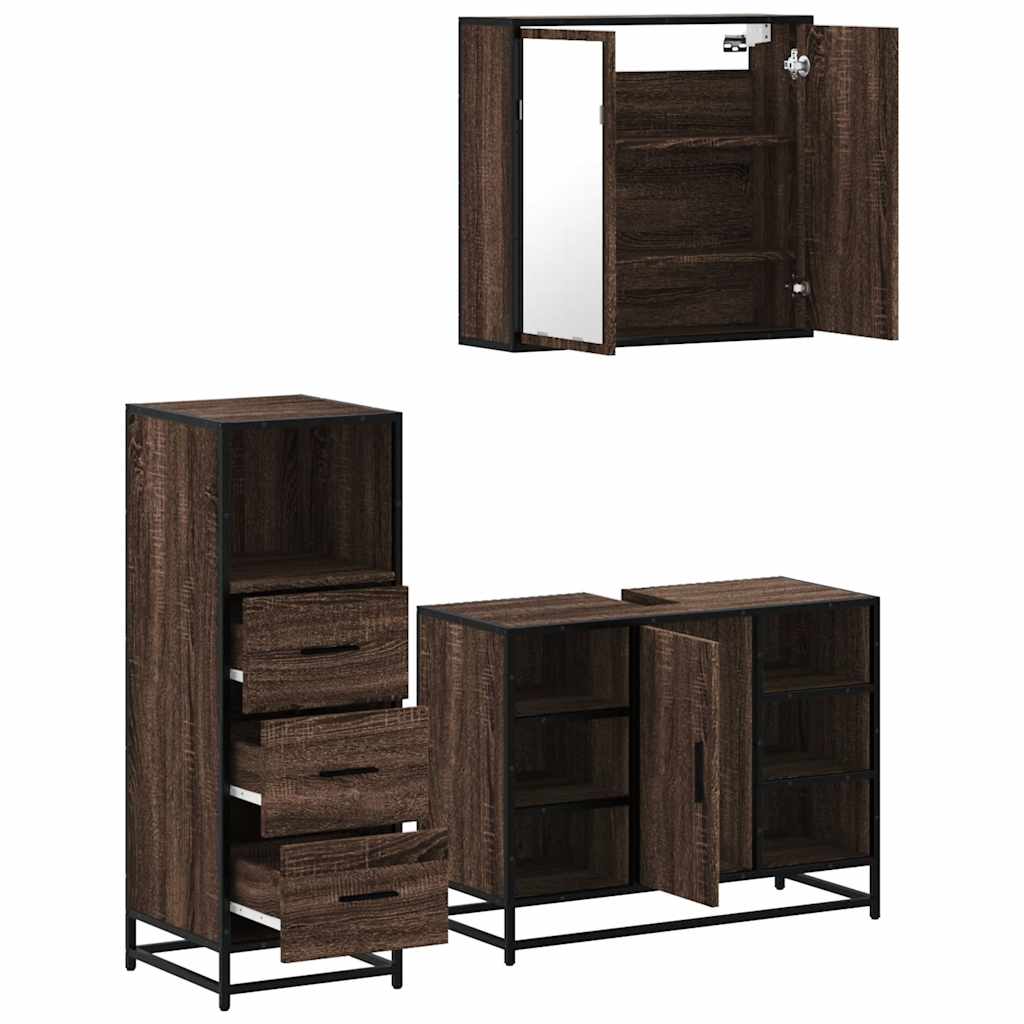 Set mobilier de baie, 3 piese, stejar maro, lemn prelucrat