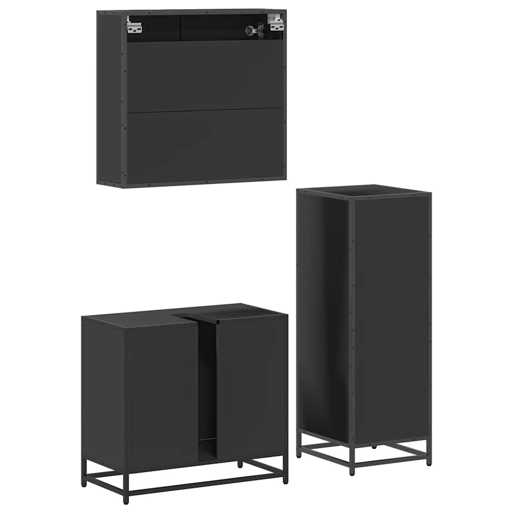 Set mobilier de baie, 3 piese, negru, lemn compozit