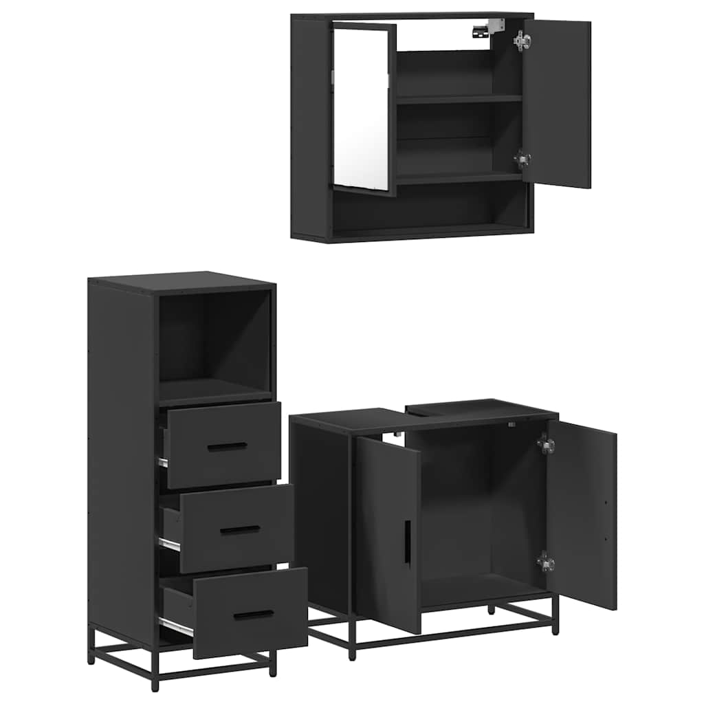 Set mobilier de baie, 3 piese, negru, lemn compozit