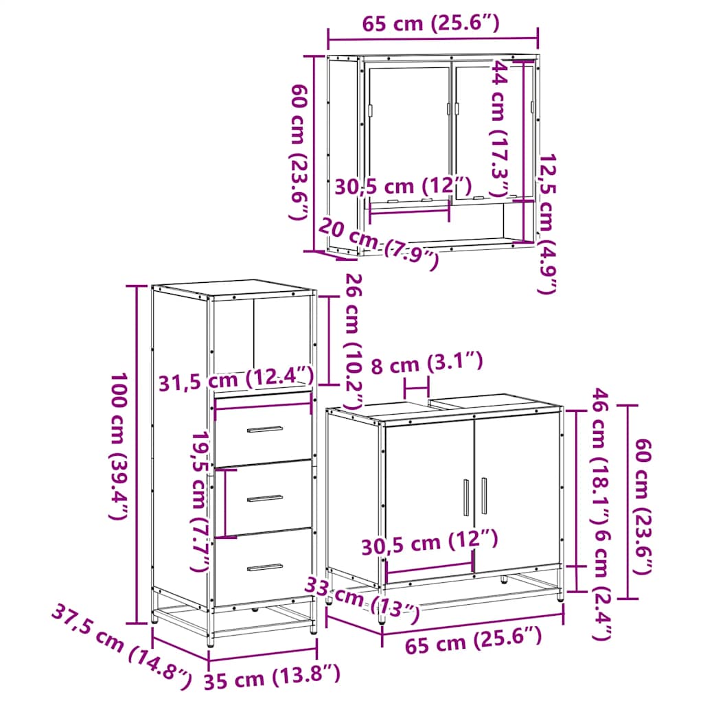 Set mobilier de baie, 3 piese, negru, lemn compozit