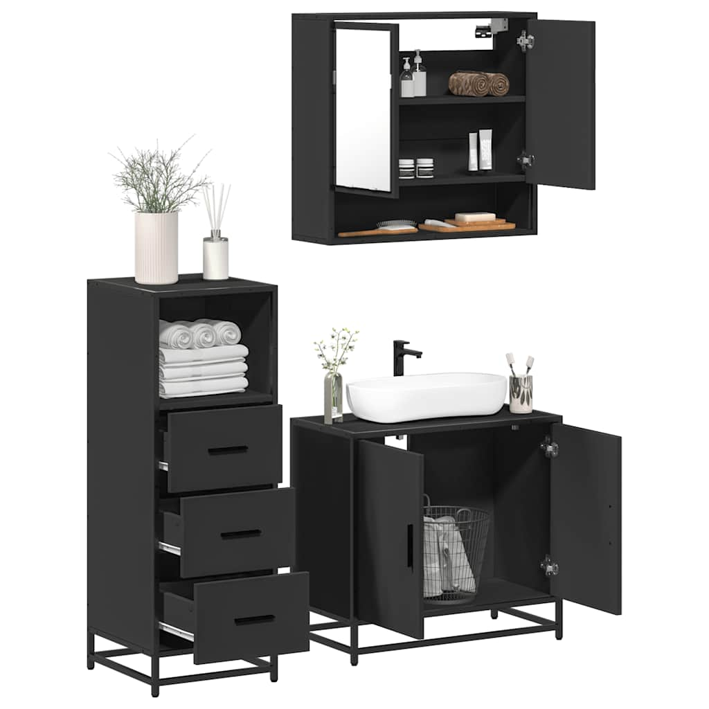 Set mobilier de baie, 3 piese, negru, lemn compozit