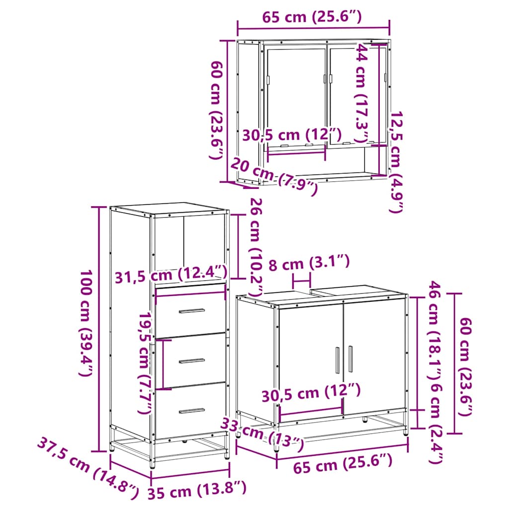 Set mobilier de baie, 3 piese, stejar sonoma, lemn prelucrat