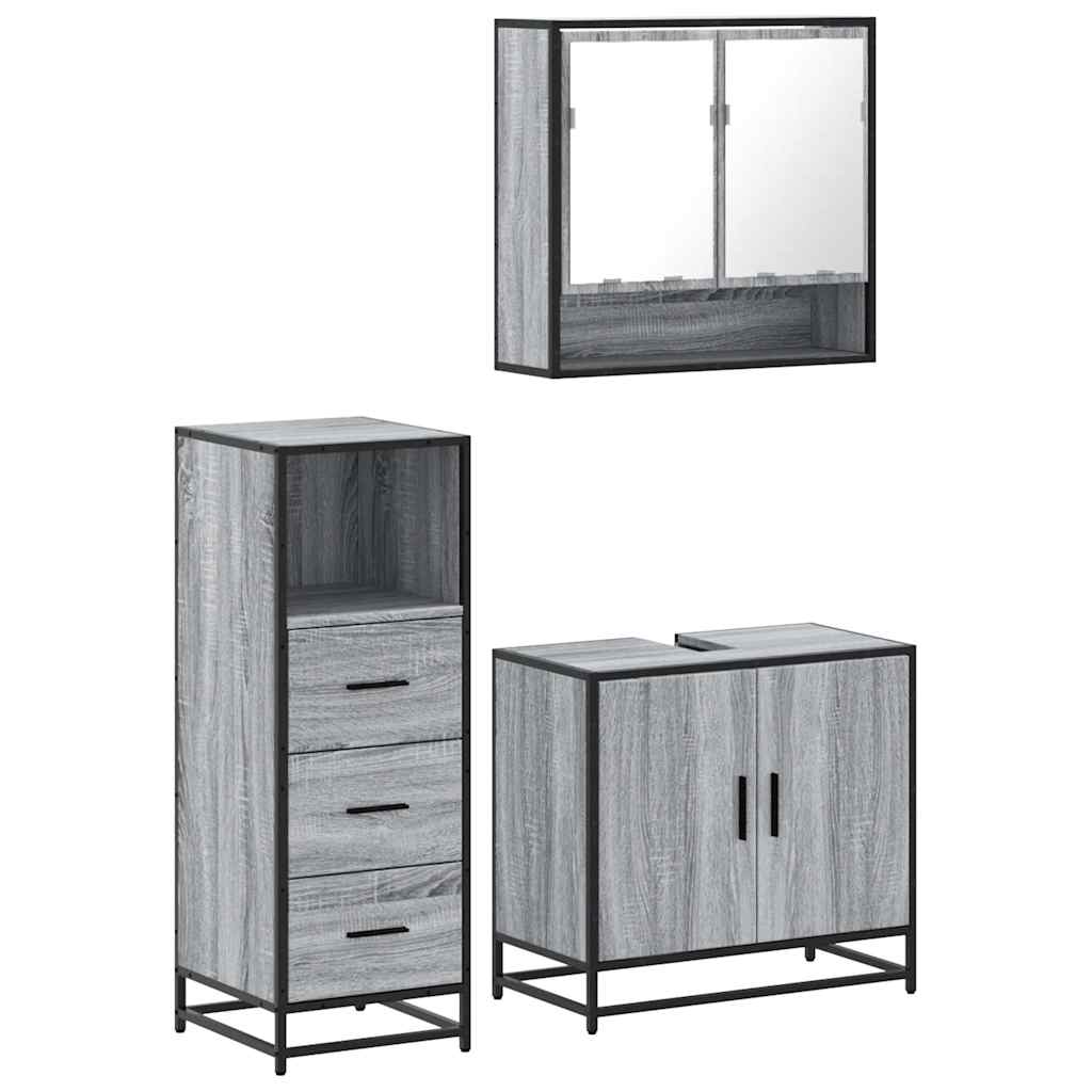 Set mobilier de baie, 3 piese, gri sonoma, lemn prelucrat