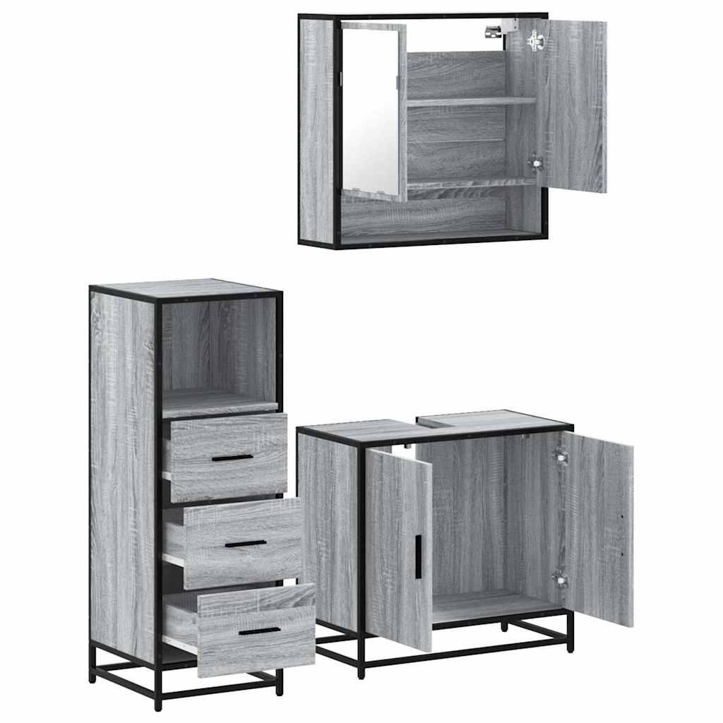 Set mobilier de baie, 3 piese, gri sonoma, lemn prelucrat