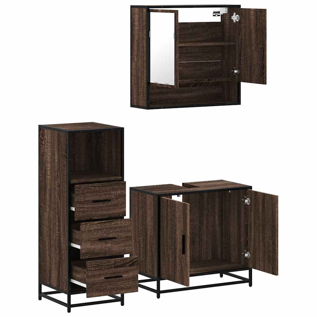 Set mobilier de baie, 3 piese, stejar maro, lemn prelucrat