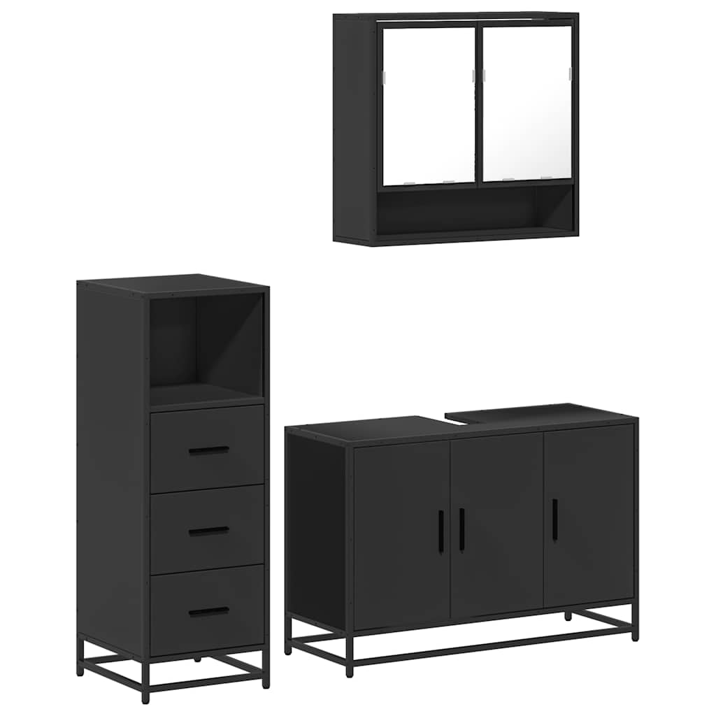 Set mobilier de baie, 3 piese, negru, lemn compozit