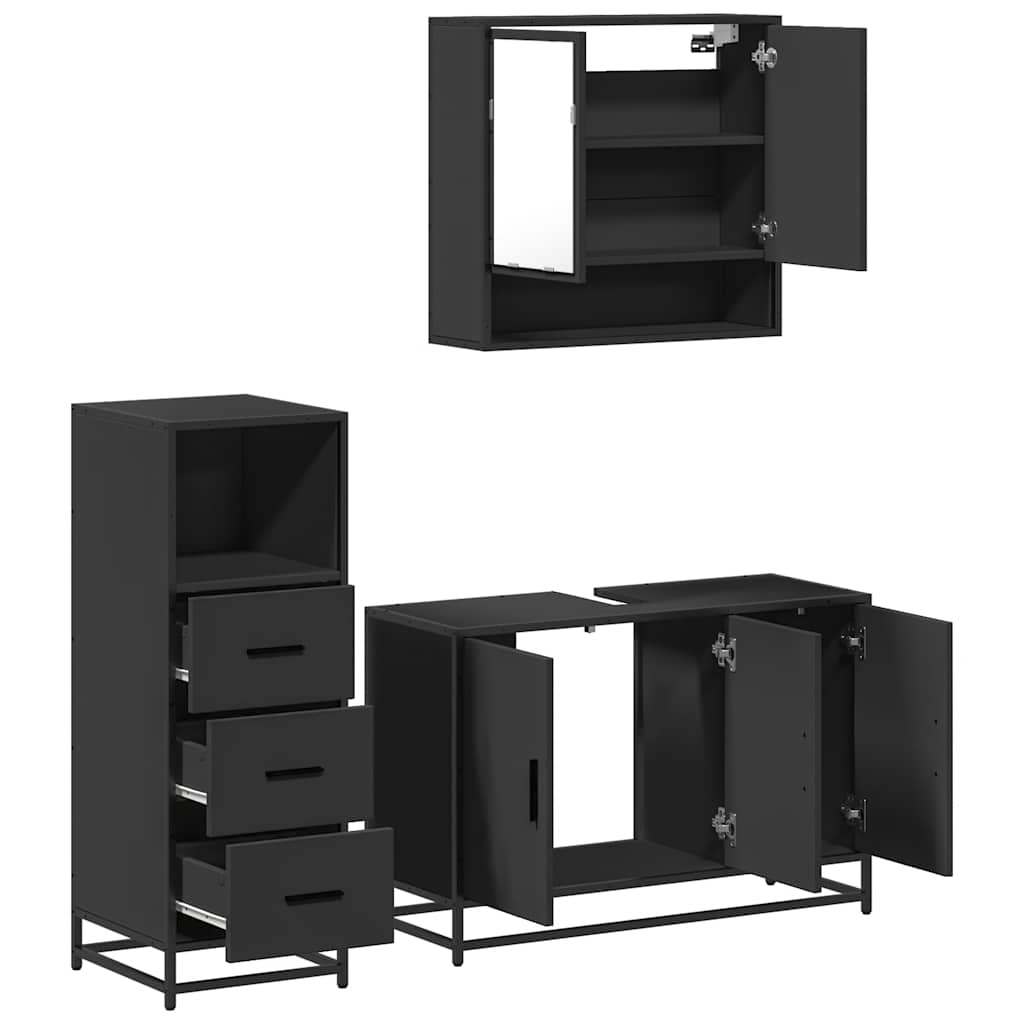 Set mobilier de baie, 3 piese, negru, lemn compozit