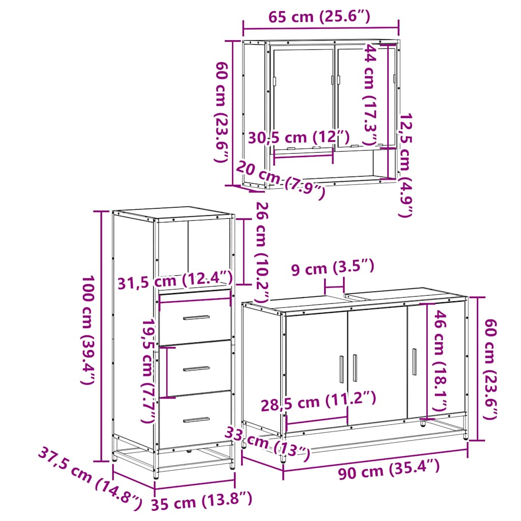 Set mobilier de baie, 3 piese, negru, lemn compozit