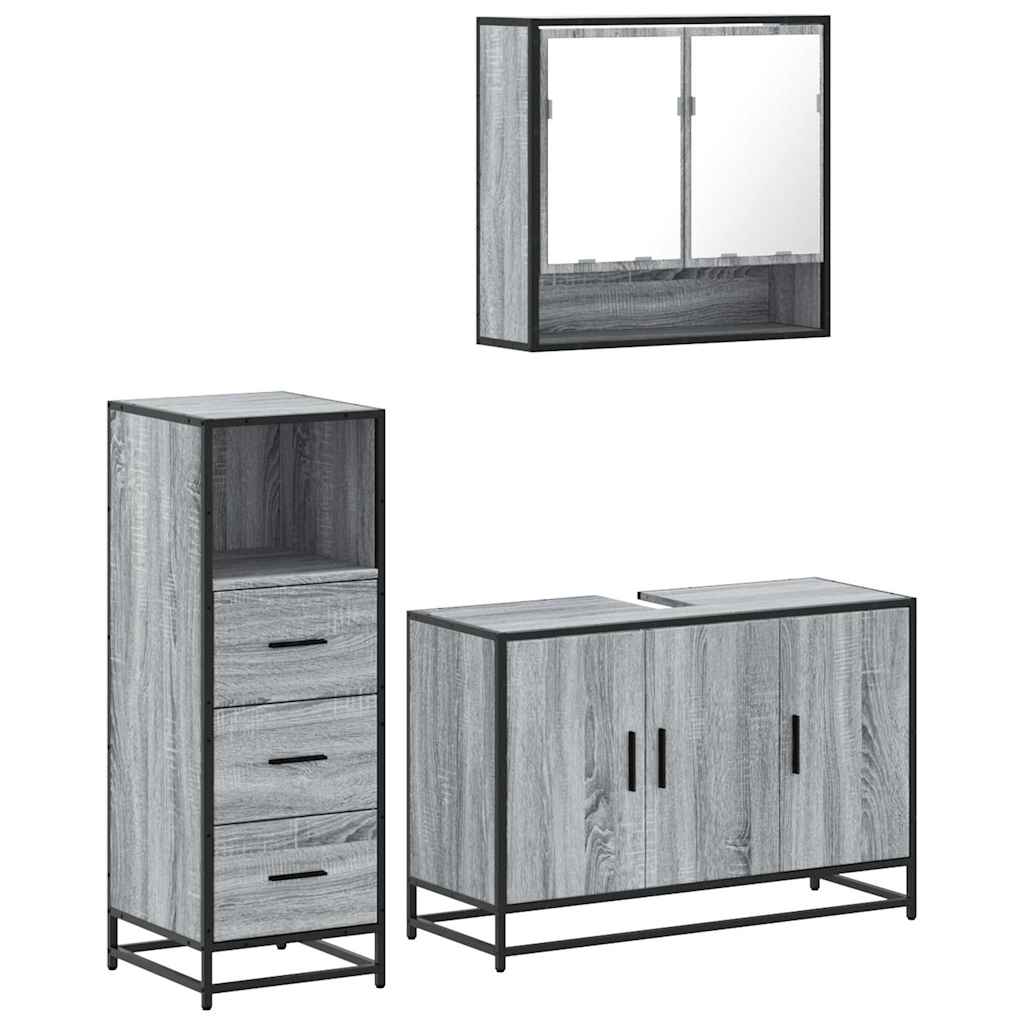 Set mobilier de baie, 3 piese, gri sonoma, lemn prelucrat