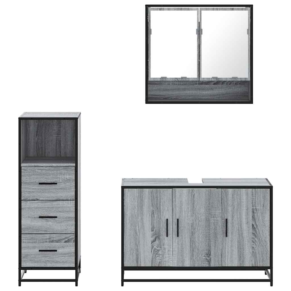 Set mobilier de baie, 3 piese, gri sonoma, lemn prelucrat