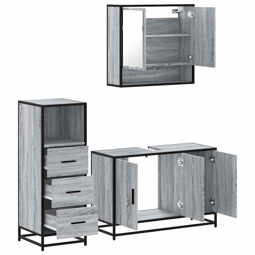 Set mobilier de baie, 3 piese, gri sonoma, lemn prelucrat