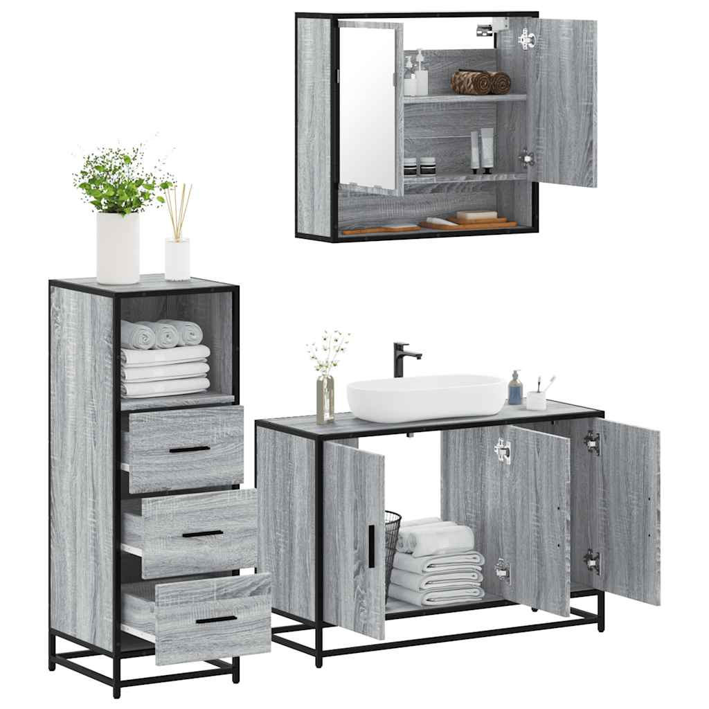 Set mobilier de baie, 3 piese, gri sonoma, lemn prelucrat