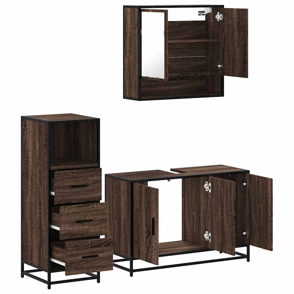 Set mobilier de baie, 3 piese, stejar maro, lemn prelucrat