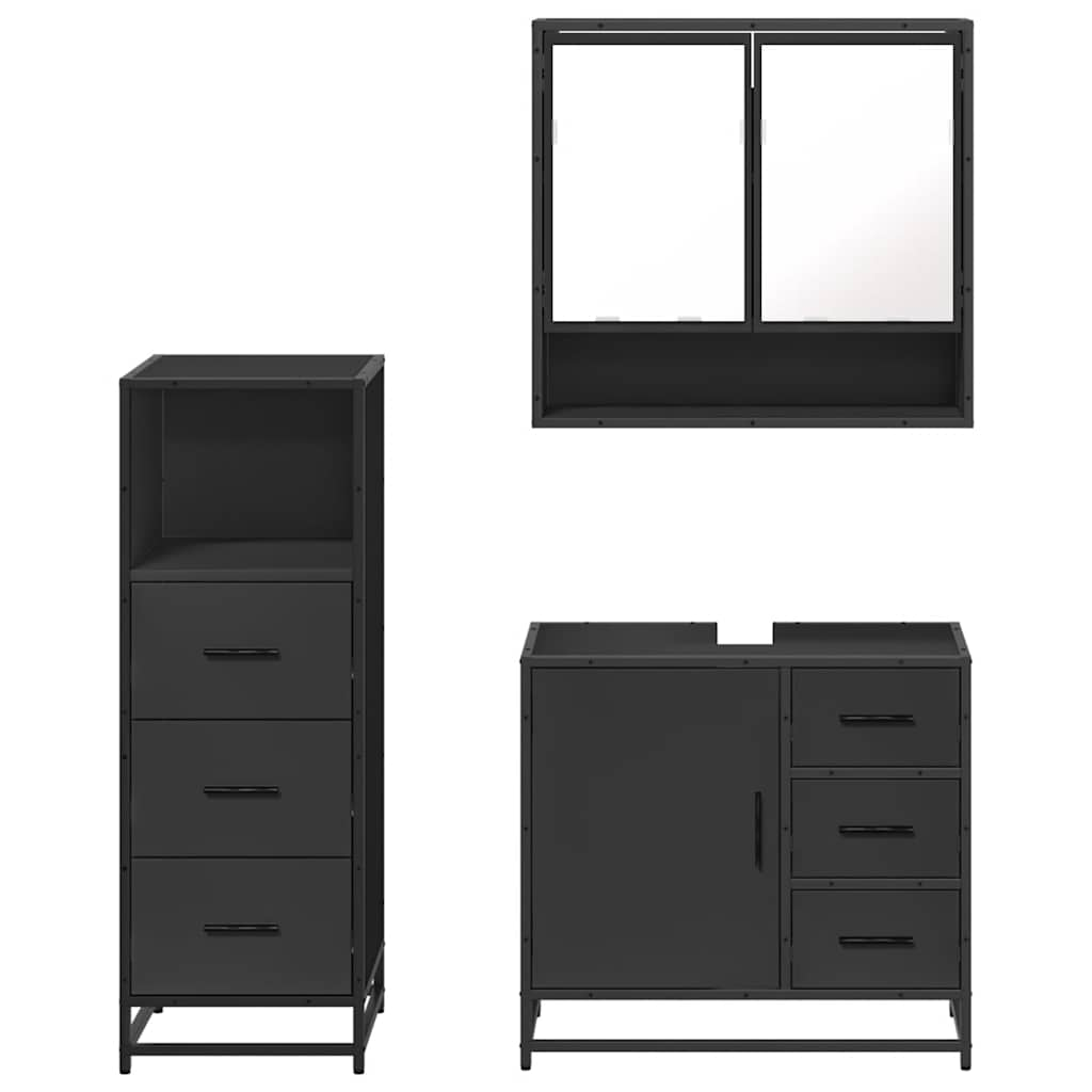 Set mobilier de baie, 3 piese, negru, lemn compozit