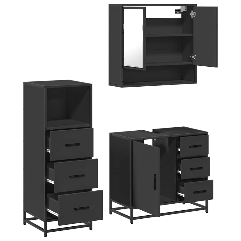 Set mobilier de baie, 3 piese, negru, lemn compozit