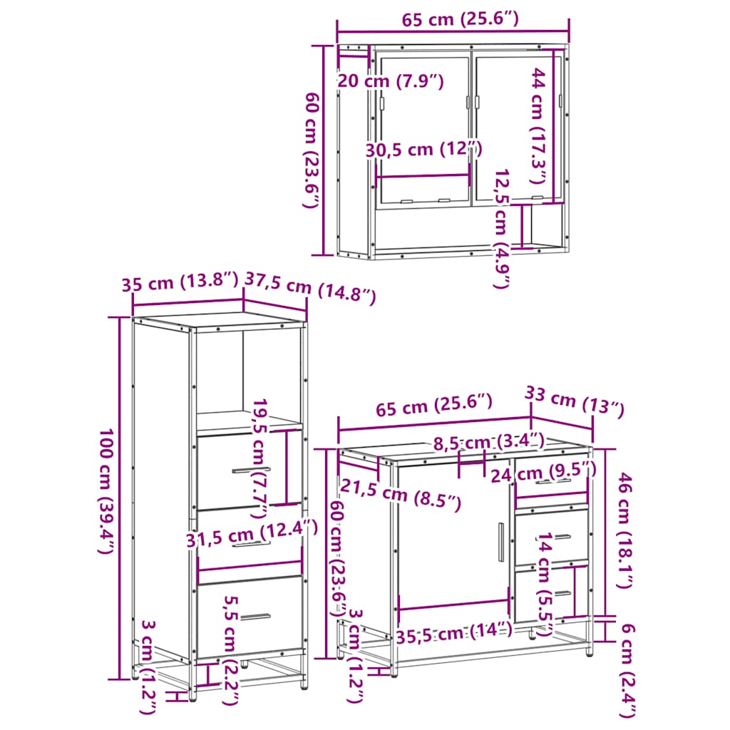 Set mobilier de baie, 3 piese, negru, lemn compozit