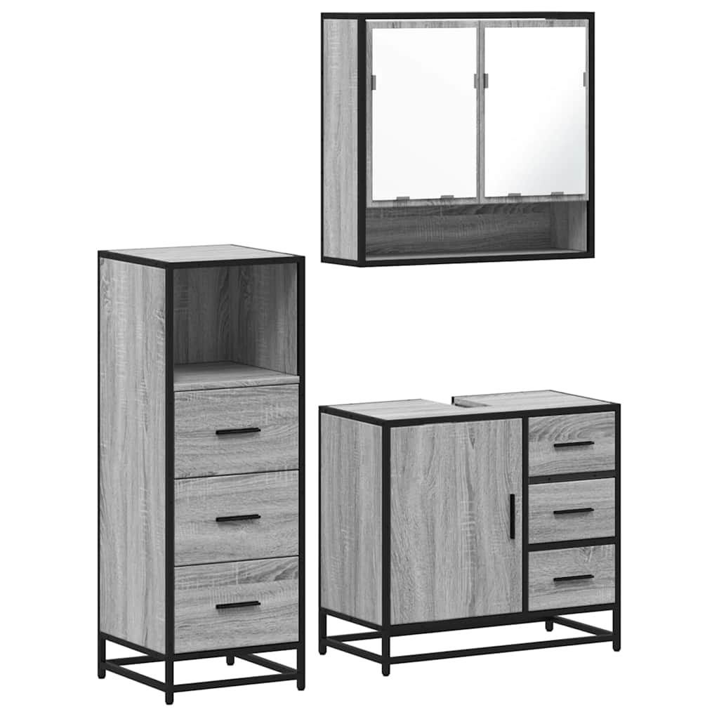 Set mobilier de baie, 3 piese, gri sonoma, lemn prelucrat