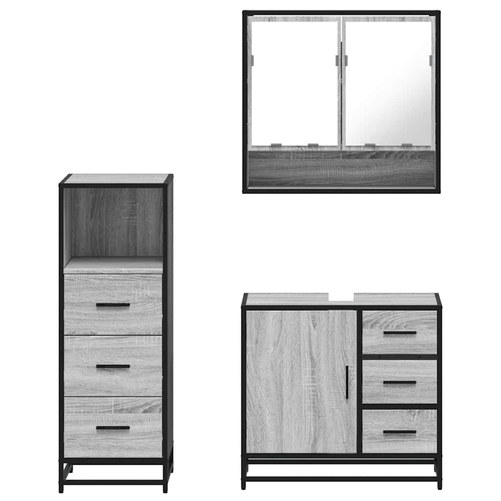 Set mobilier de baie, 3 piese, gri sonoma, lemn prelucrat