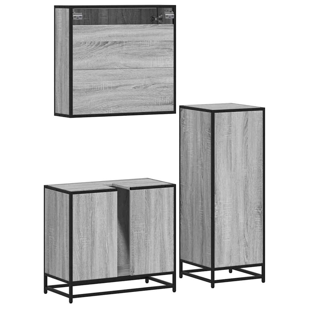 Set mobilier de baie, 3 piese, gri sonoma, lemn prelucrat