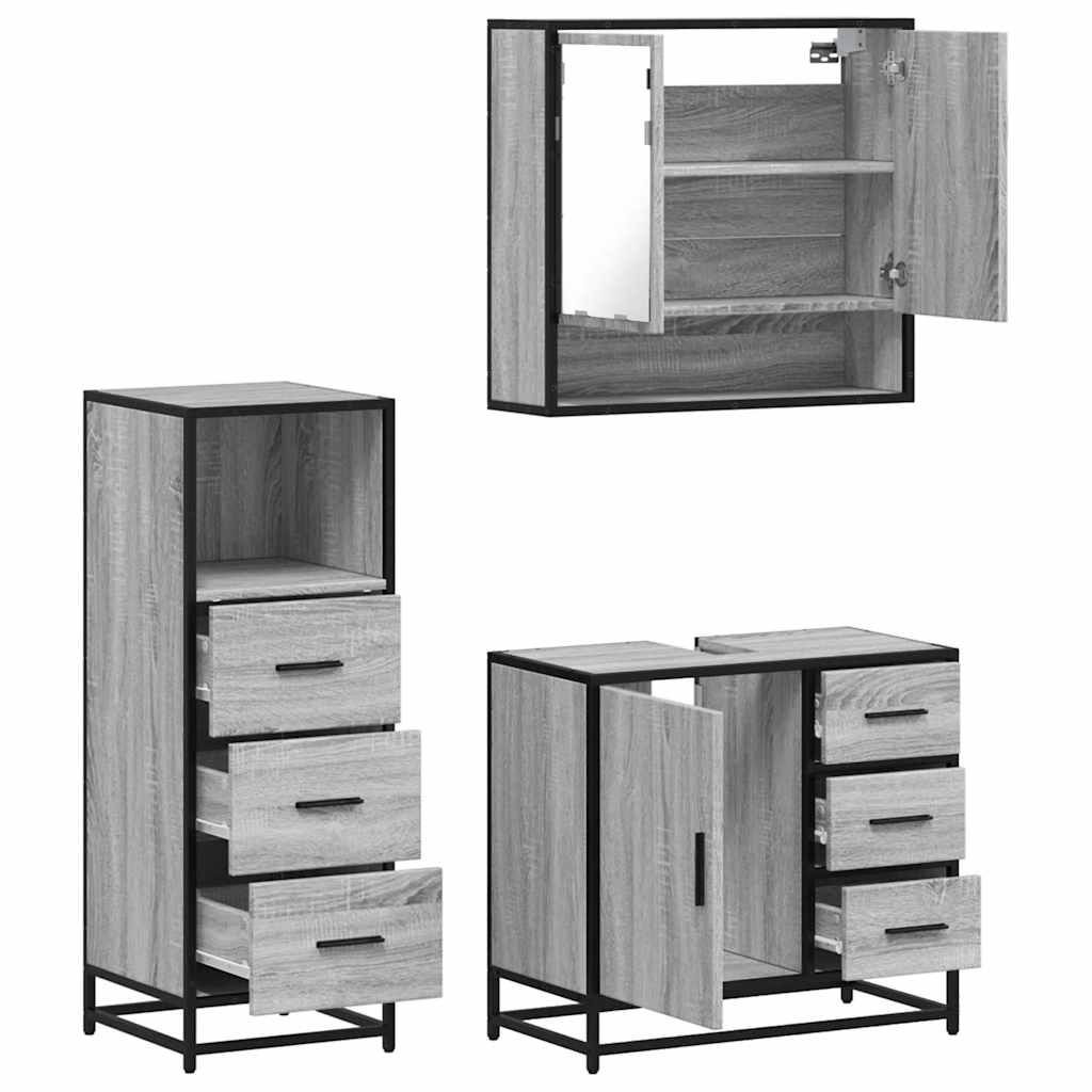 Set mobilier de baie, 3 piese, gri sonoma, lemn prelucrat