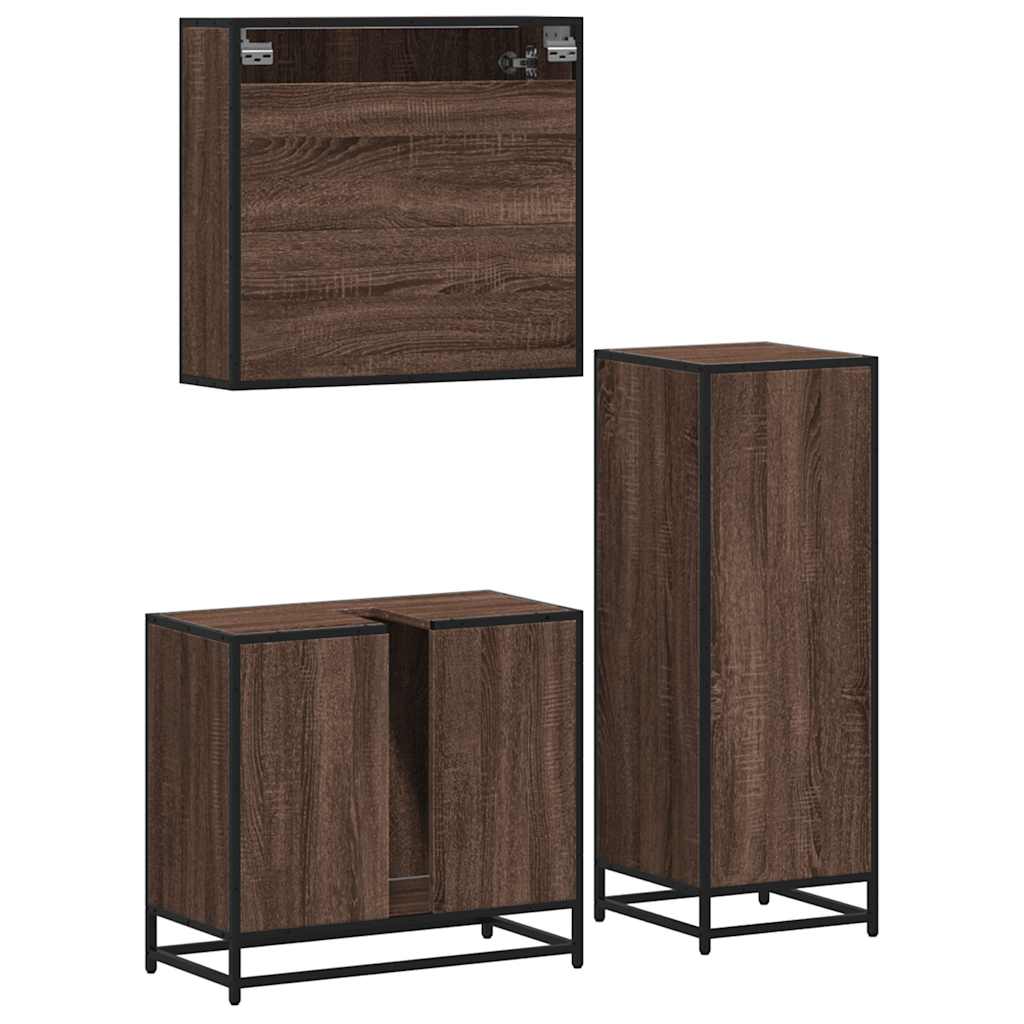 Set mobilier de baie, 3 piese, stejar maro, lemn prelucrat