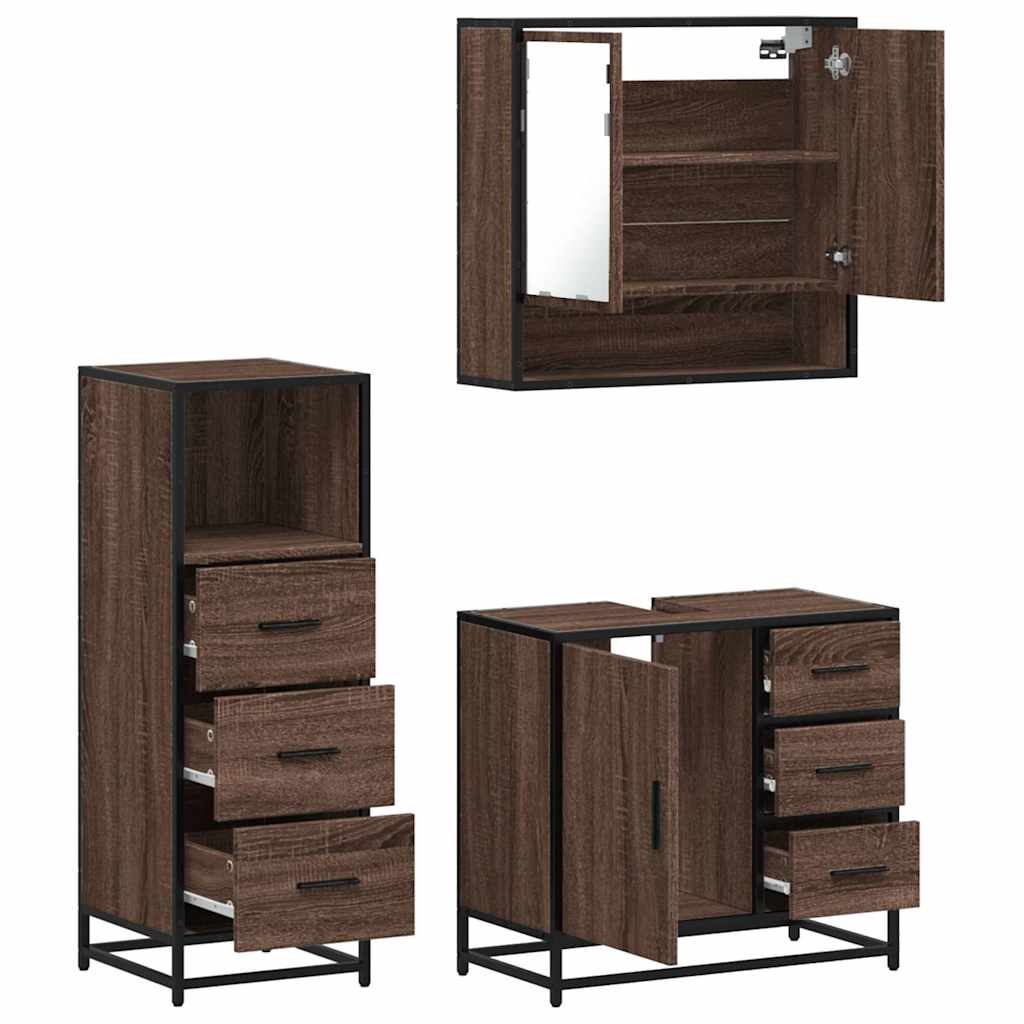 Set mobilier de baie, 3 piese, stejar maro, lemn prelucrat