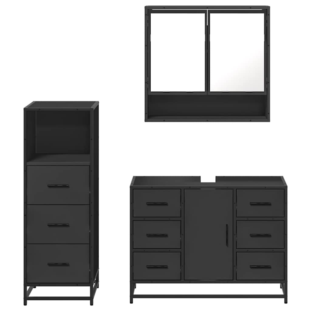 Set mobilier de baie, 3 piese, negru, lemn compozit