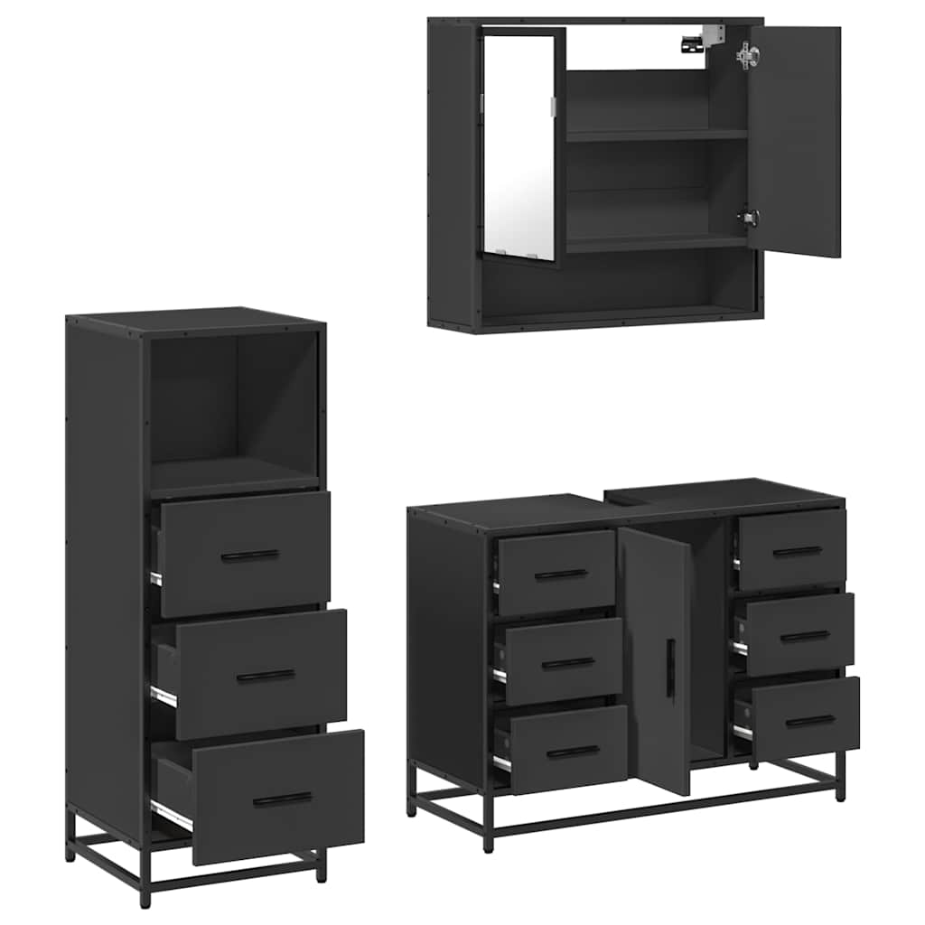 Set mobilier de baie, 3 piese, negru, lemn compozit