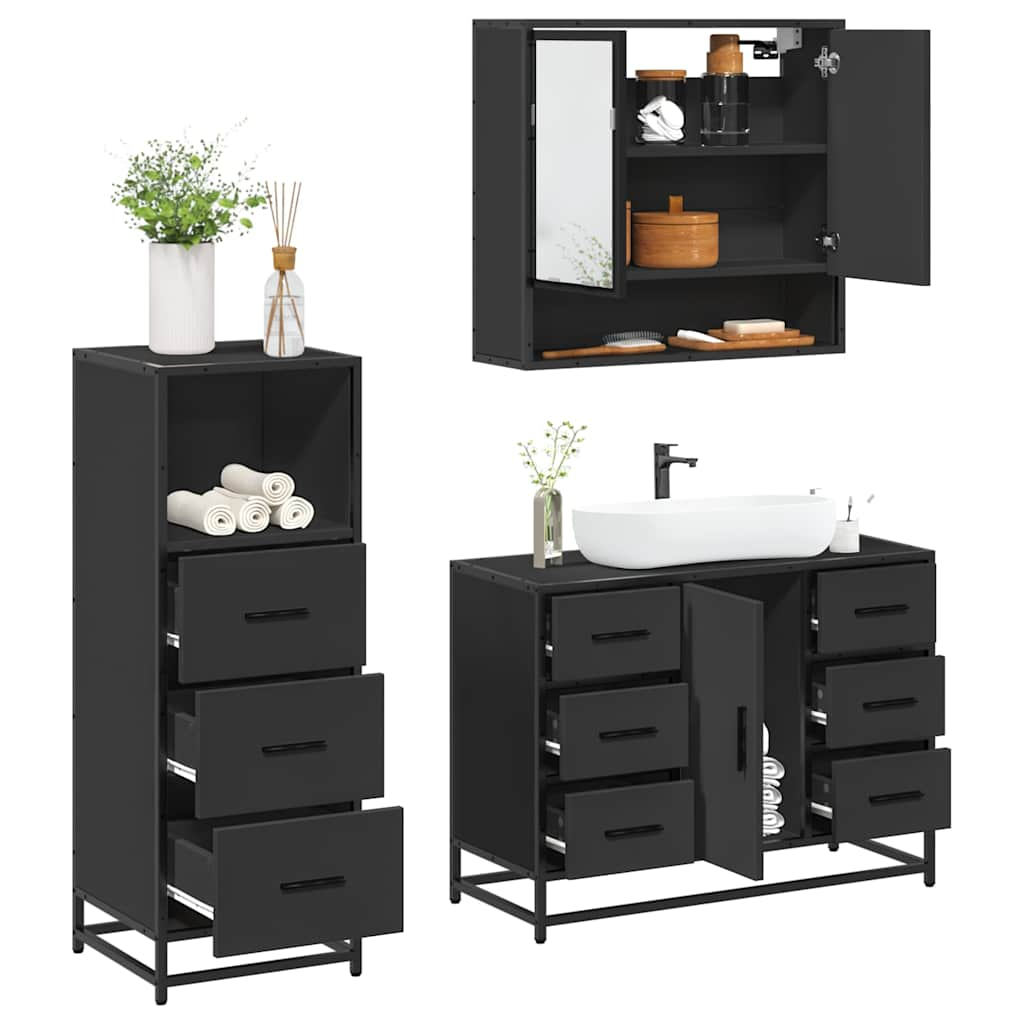 Set mobilier de baie, 3 piese, negru, lemn compozit