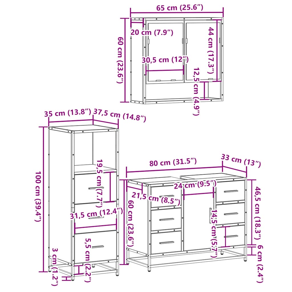 Set mobilier de baie, 3 piese, stejar sonoma, lemn prelucrat