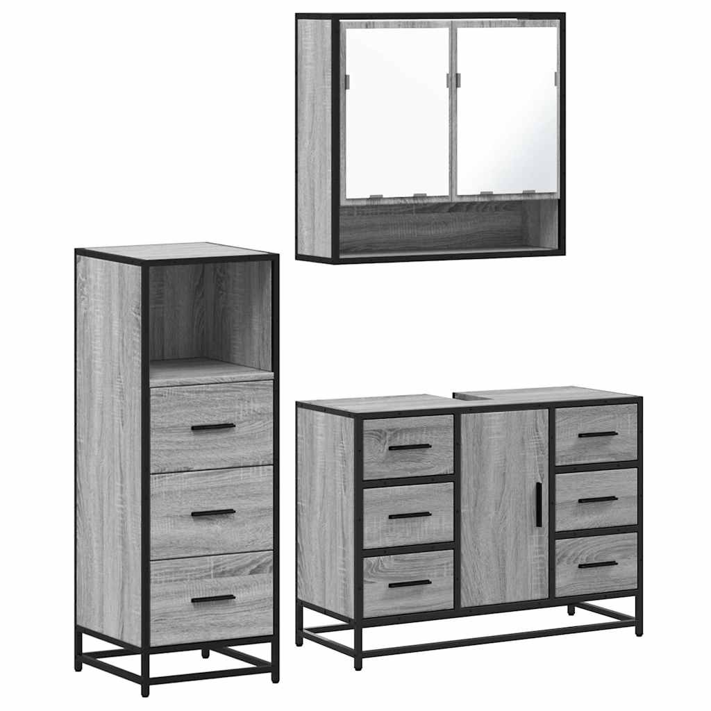 Set mobilier de baie, 3 piese, gri sonoma, lemn prelucrat