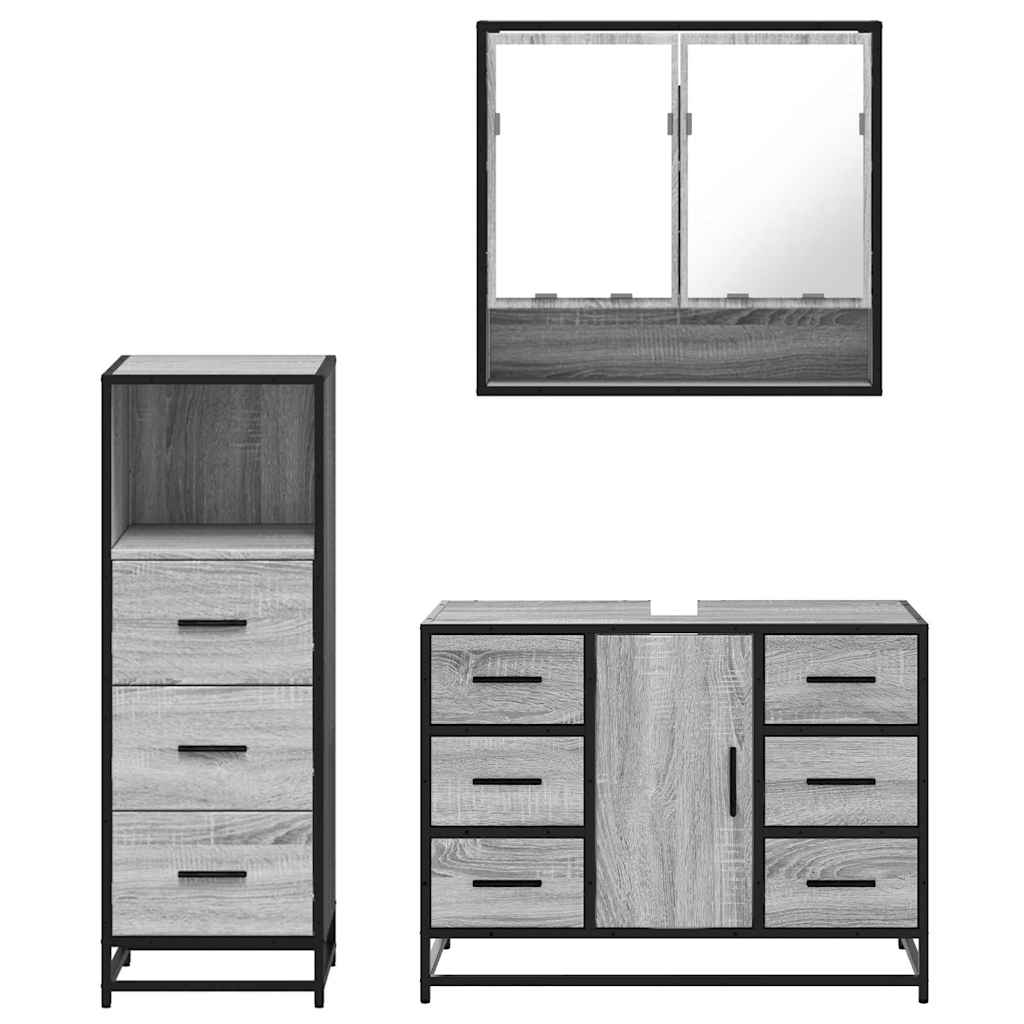 Set mobilier de baie, 3 piese, gri sonoma, lemn prelucrat