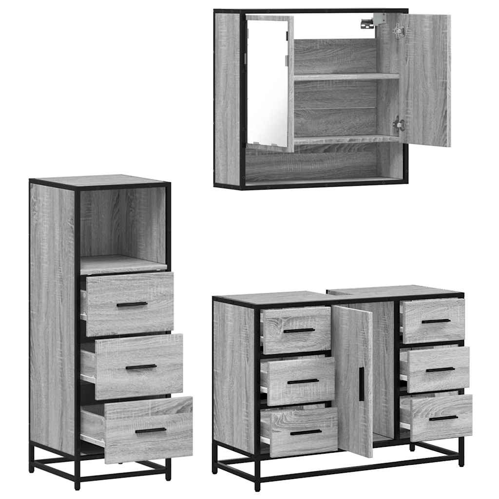 Set mobilier de baie, 3 piese, gri sonoma, lemn prelucrat