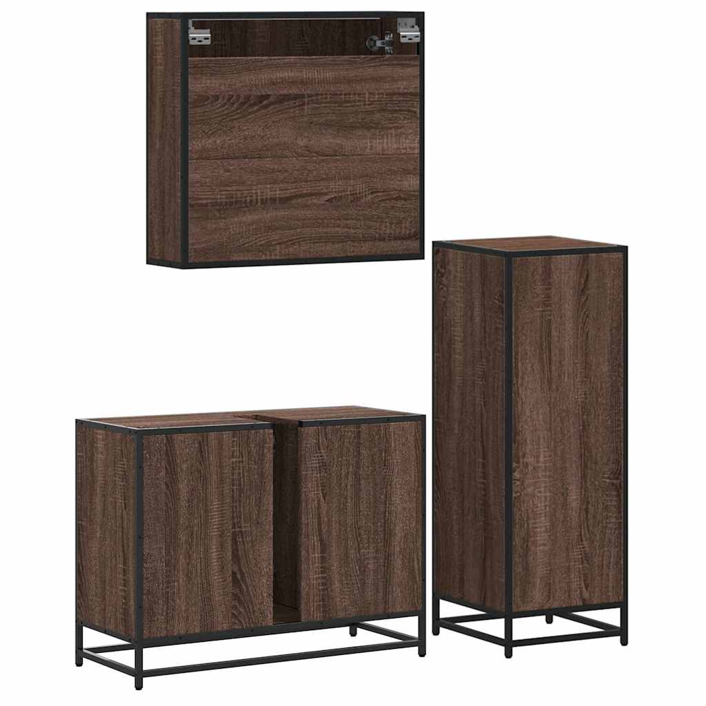 Set mobilier de baie, 3 piese, stejar maro, lemn prelucrat