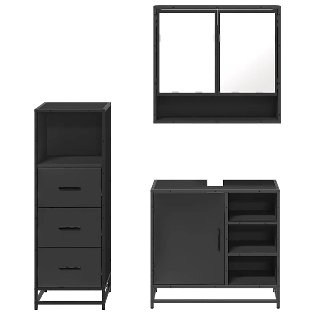 Set mobilier de baie, 3 piese, negru, lemn compozit