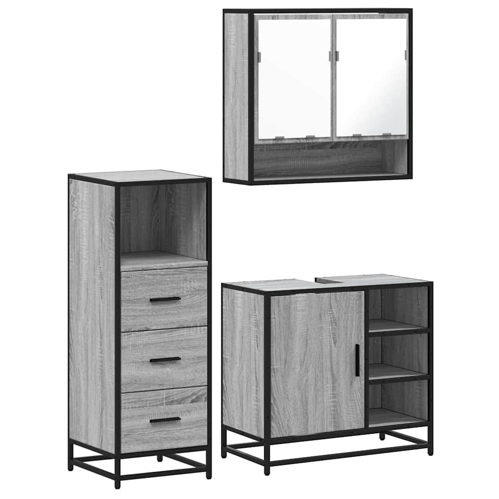 Set mobilier de baie, 3 piese, gri sonoma, lemn prelucrat