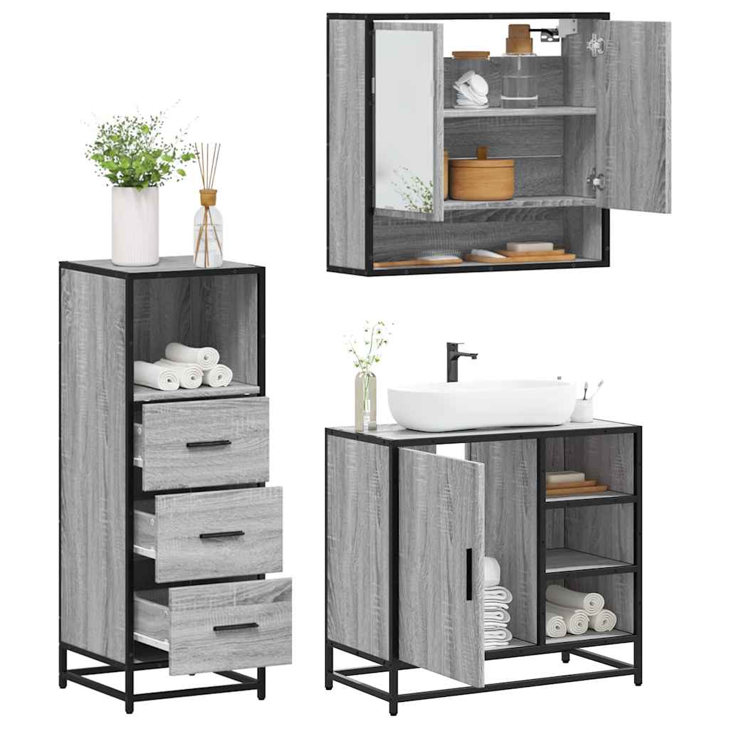 Set mobilier de baie, 3 piese, gri sonoma, lemn prelucrat