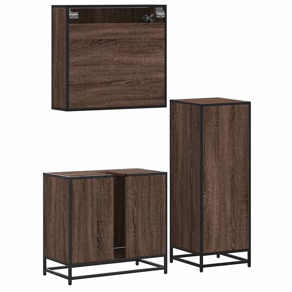 Set mobilier de baie, 3 piese, stejar maro, lemn prelucrat