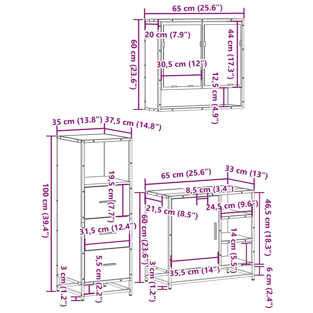 Set mobilier de baie, 3 piese, stejar maro, lemn prelucrat