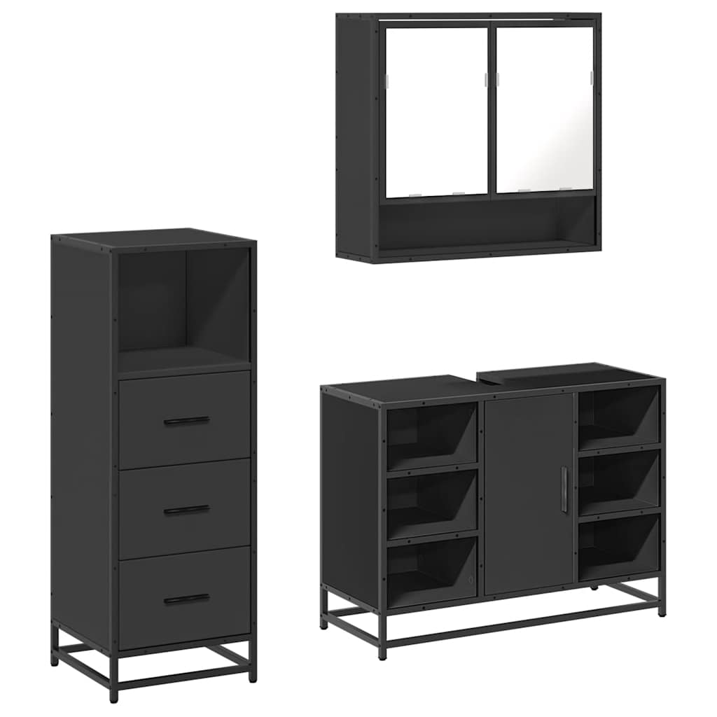 Set mobilier de baie, 3 piese, negru, lemn compozit