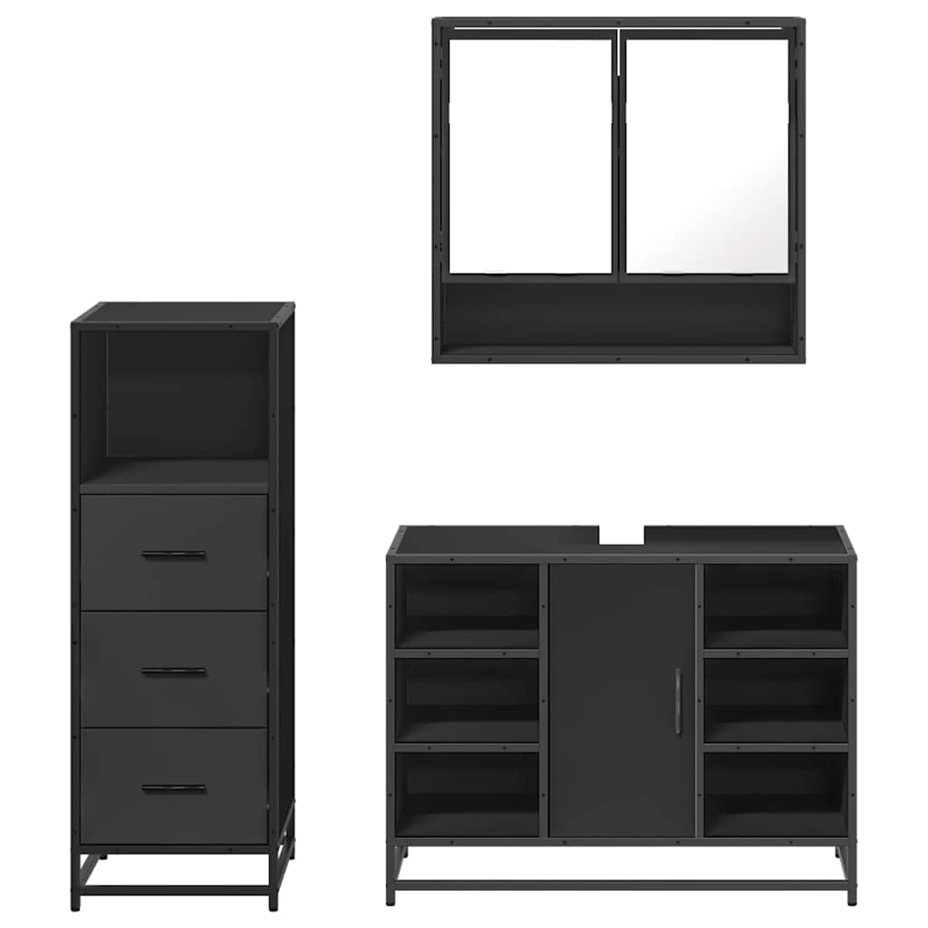 Set mobilier de baie, 3 piese, negru, lemn compozit