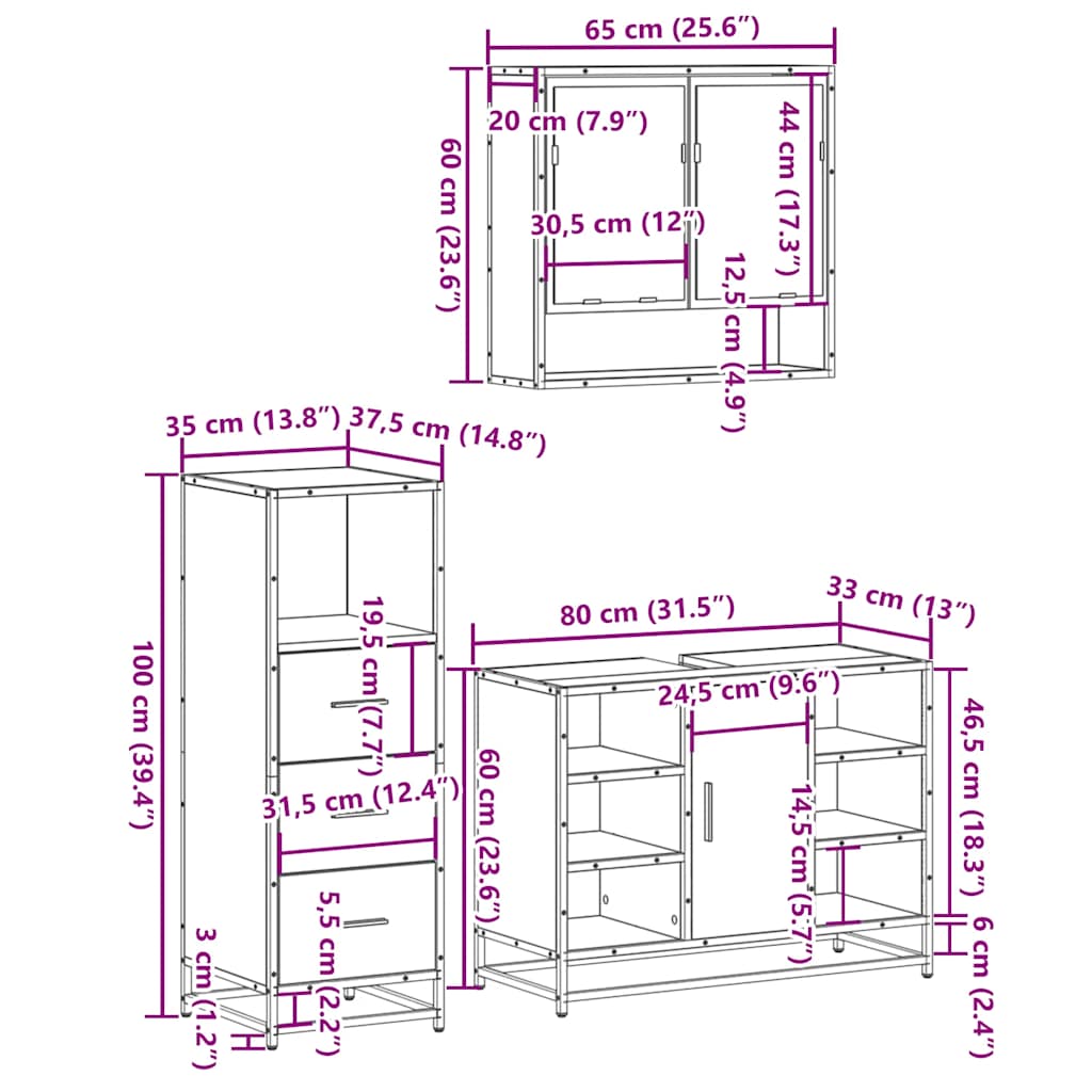 Set mobilier de baie, 3 piese, negru, lemn compozit