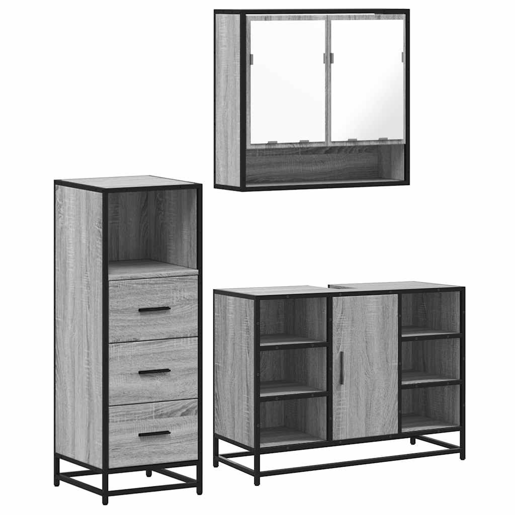 Set mobilier de baie, 3 piese, gri sonoma, lemn prelucrat