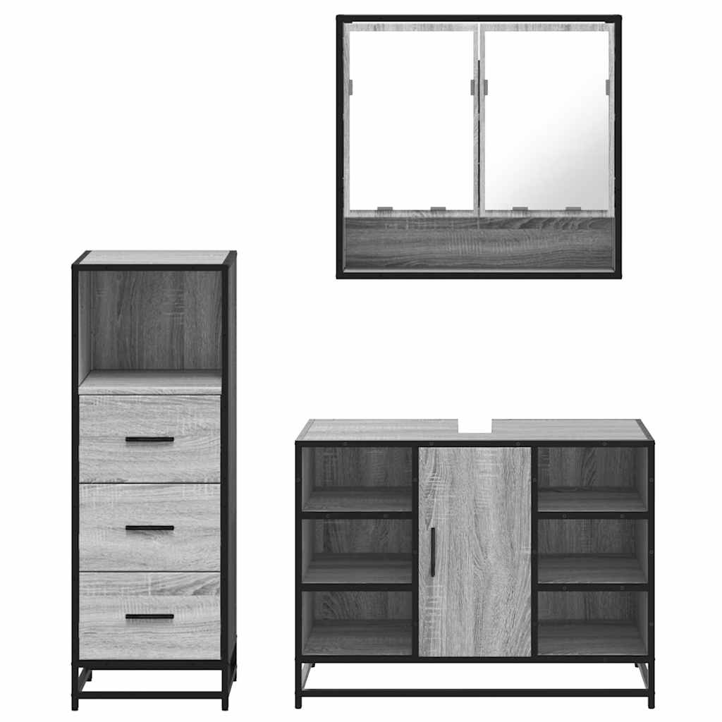 Set mobilier de baie, 3 piese, gri sonoma, lemn prelucrat