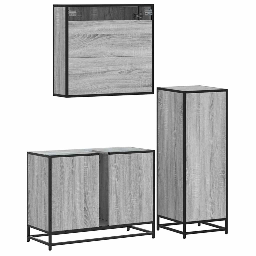 Set mobilier de baie, 3 piese, gri sonoma, lemn prelucrat